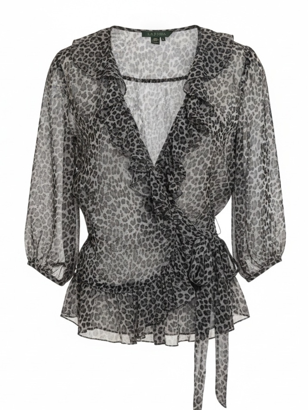 Ralph Lauren Silk Sheer Gray and Black Leopard Ruffle Wrap Blouse